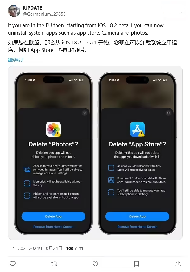 左贡苹果手机维修分享iOS 18.2 支持删除 App Store 应用商店 