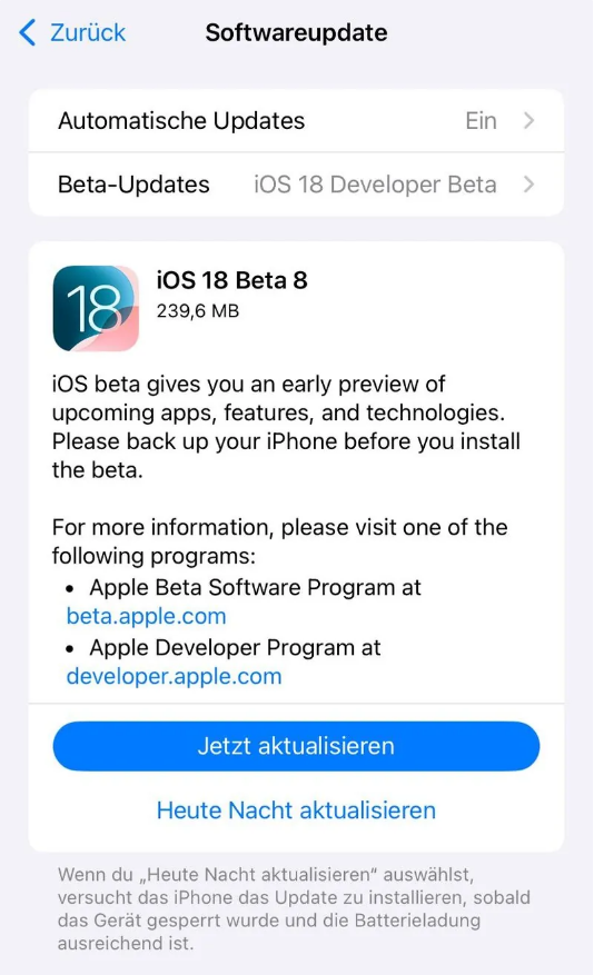 左贡苹果手机维修分享苹果 iOS / iPadOS 18 开发者预览版 Beta 8 发布 